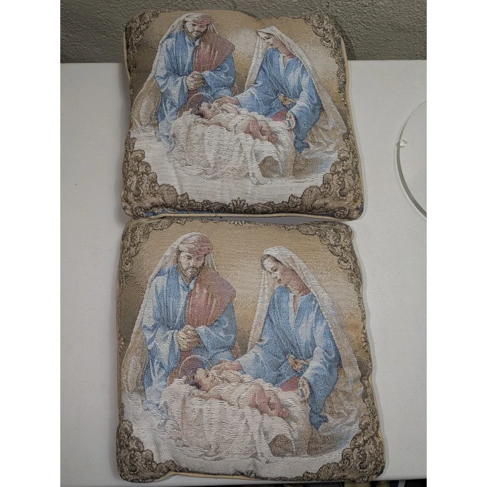 Vintage Needlepoint Religious Tapestry Pillow Mary Joseph Baby Jesus Set Of‎ Two